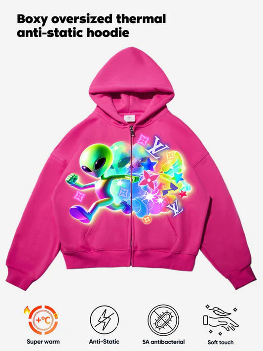 Noissey Running Rainbow-Colored Alien Pink Print Hoodie