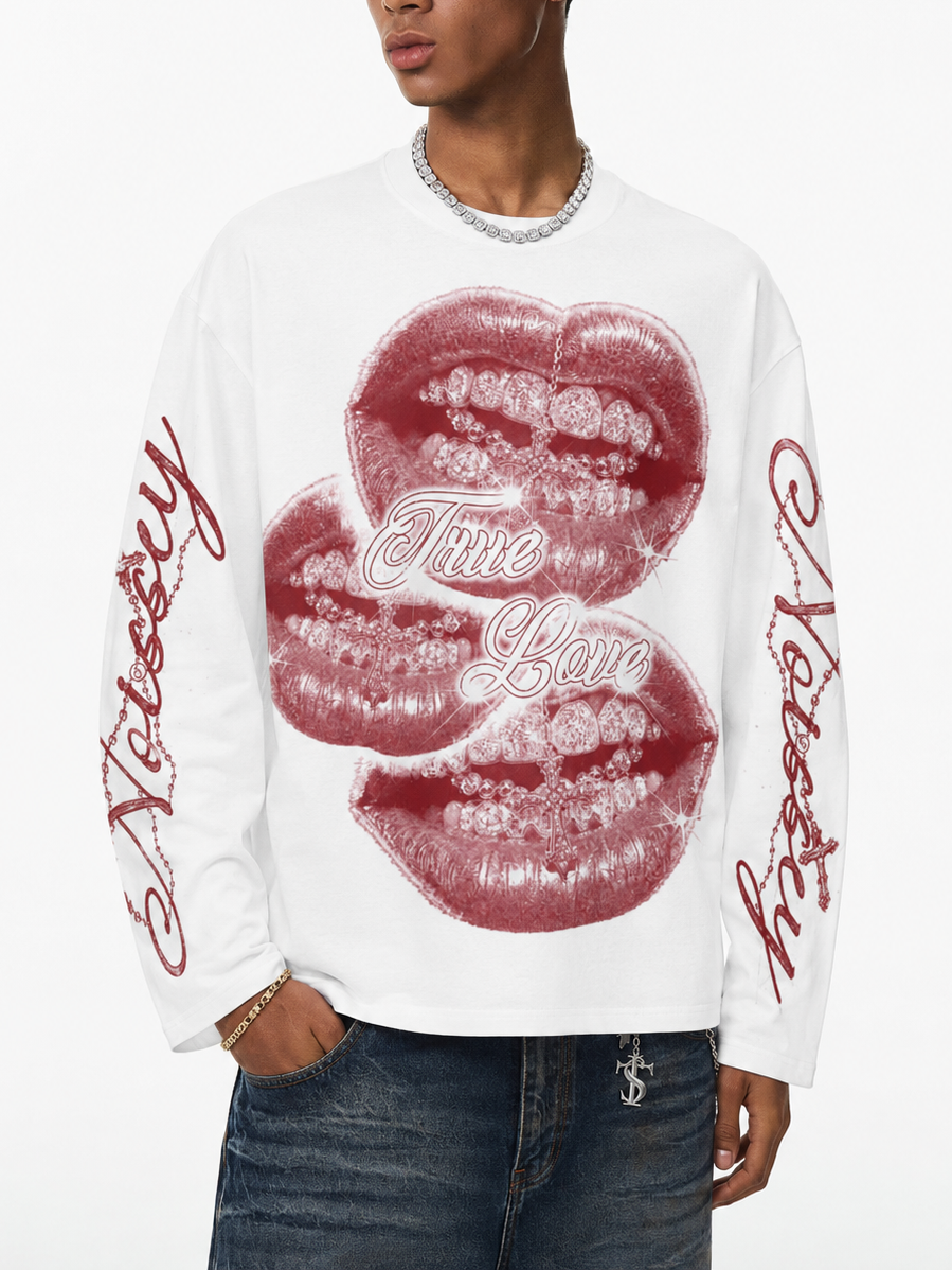NOISSEY "True Love" Diamond Grillz & Cross Lips Graphic Long Sleeve Tee
