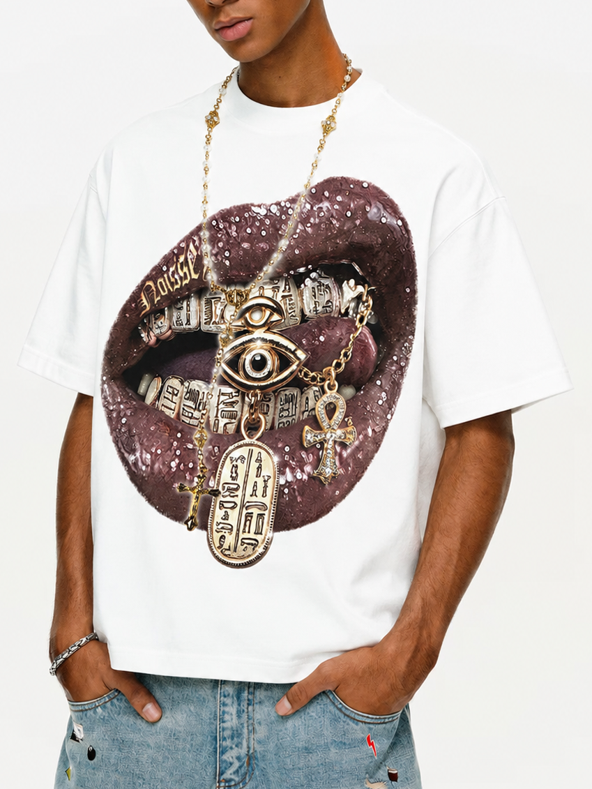 NOISSEY "The Golden Oracle" Wet-Gloss Lips Pharaonic Hieroglyphic Grills Oversized Tee