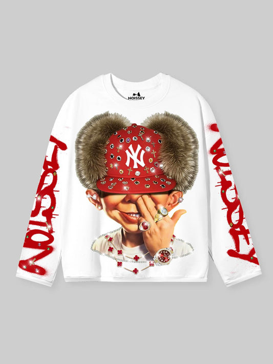 NOISSEY ICED OUT RED CAP FIGURE GRAPHIC LONG SLEEVE STREETWEAR SHIRT