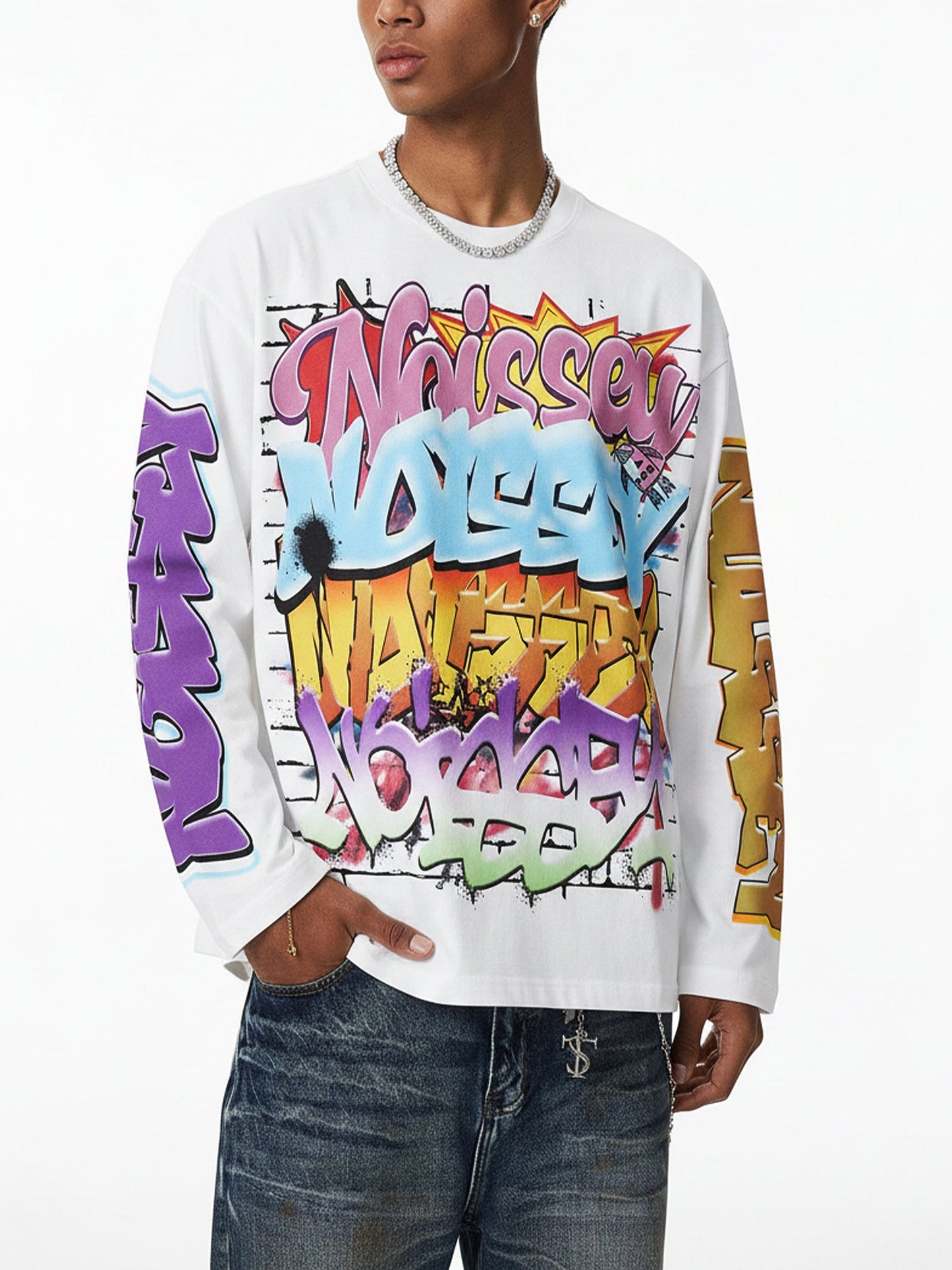 NOISSEY Multilayer Gradient Graffiti Long-Sleeve Tee - Pure White
