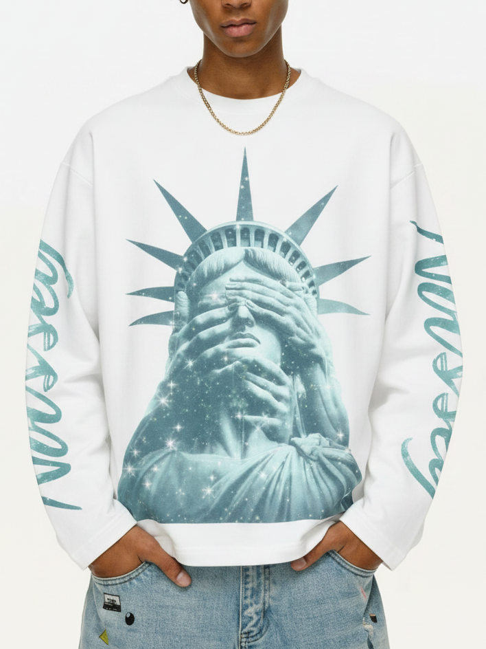 NOISSEY "Liberty Blinded" Teal Diamond Sparkle Graphic Long Sleeve Sweatshirt