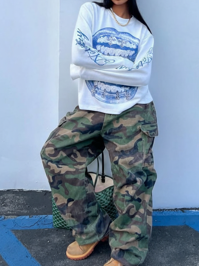 NOISSEY "Vintage Blue Lips" Double Lips & Chrome Cross Graphic Long Sleeve Tee