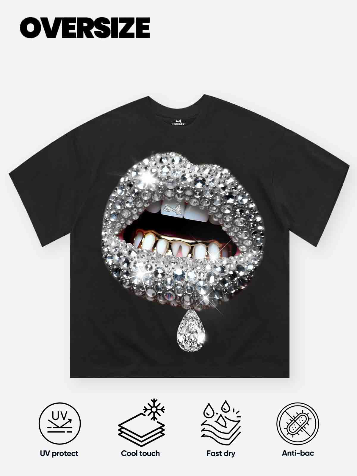 High Quality Premium Grey Diamond Lip Black Print heavyweight T-shirt