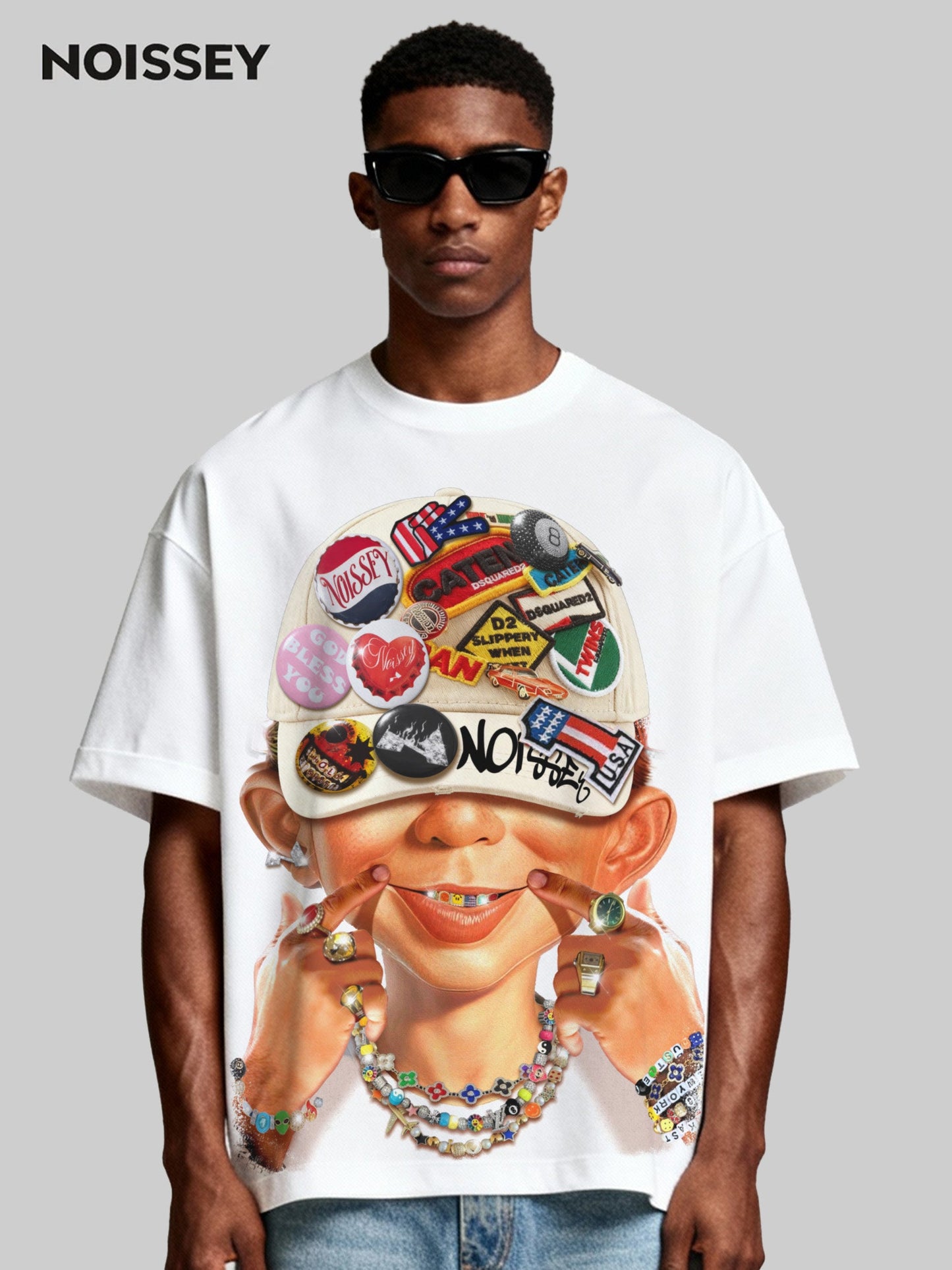 Bad Boy and His Badge Cap Print Boxy Oversized T-shirt