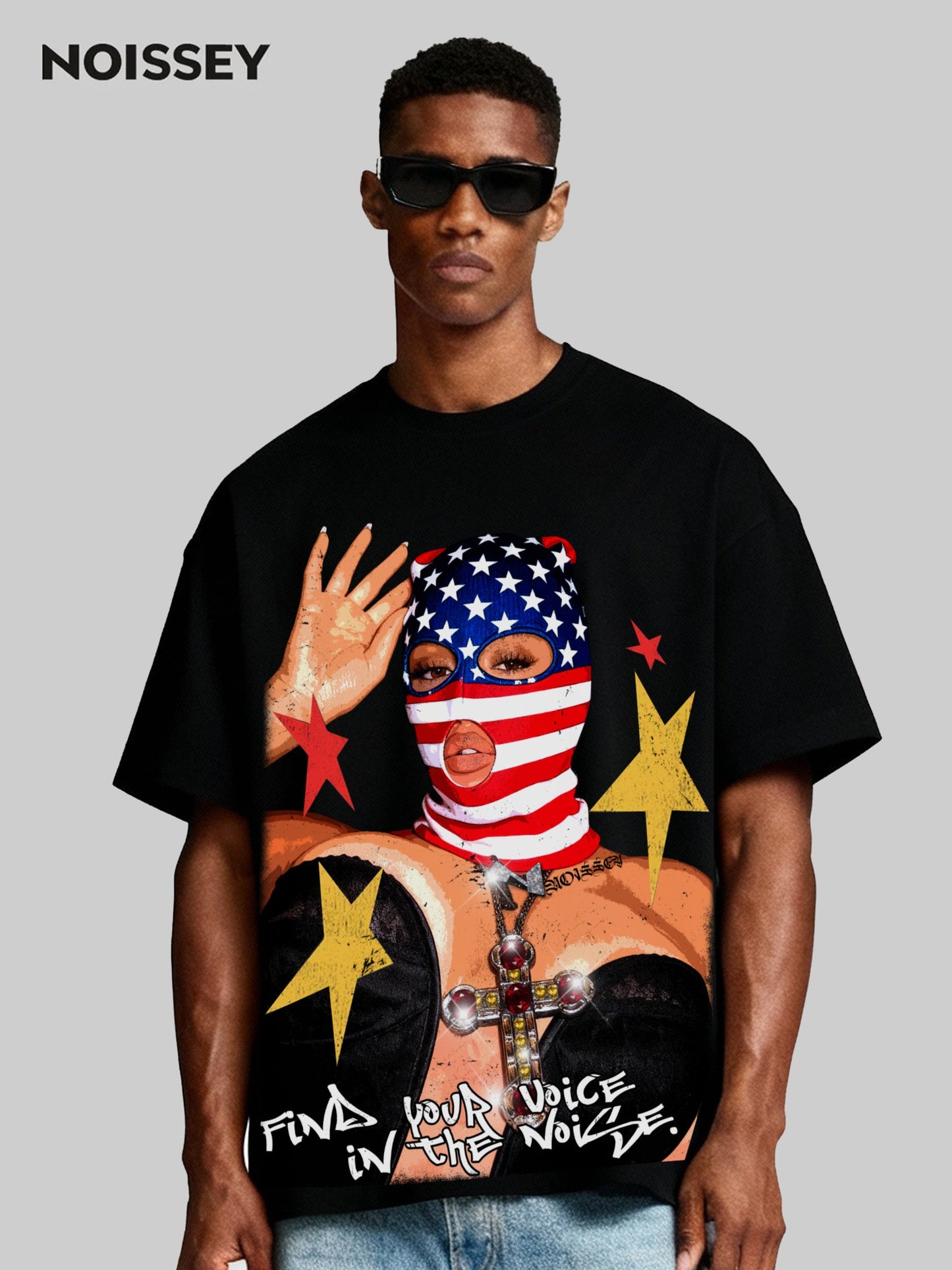 American Flag Balaclava Lady Art Painting Print Boxy Oversized T-shirt