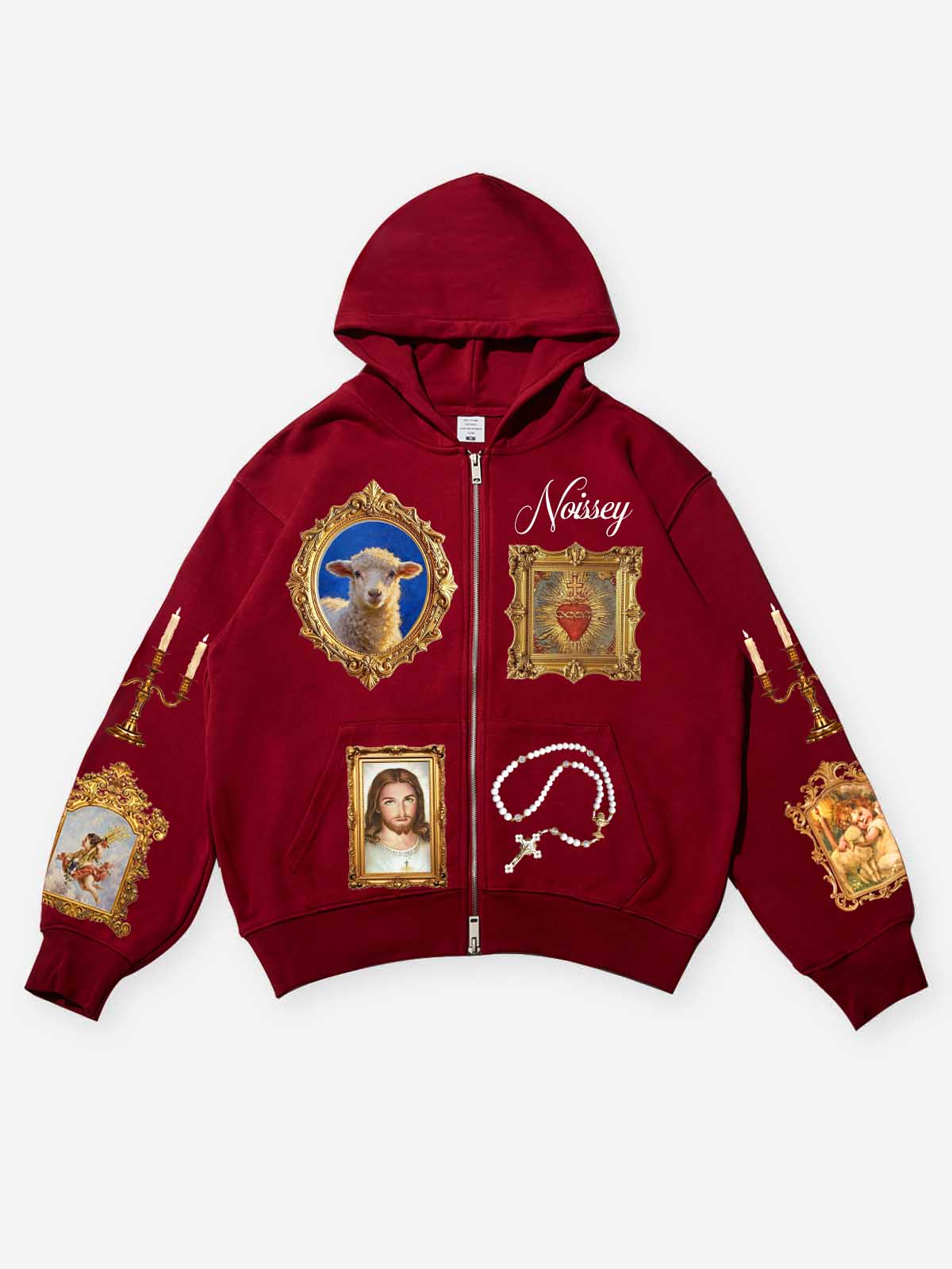 Red Hoodie Adorned with Religious Icons