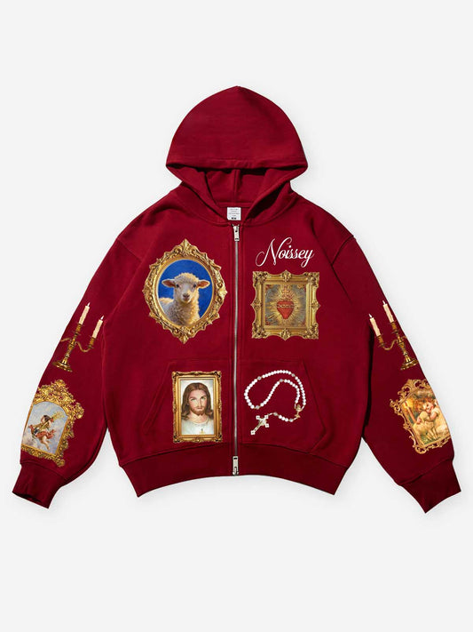 Red Hoodie Adorned with Religious Icons