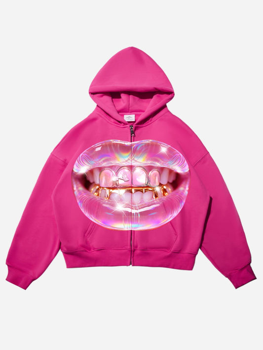 Transparent jelly cat's eye Grillz print pink warm hoodie