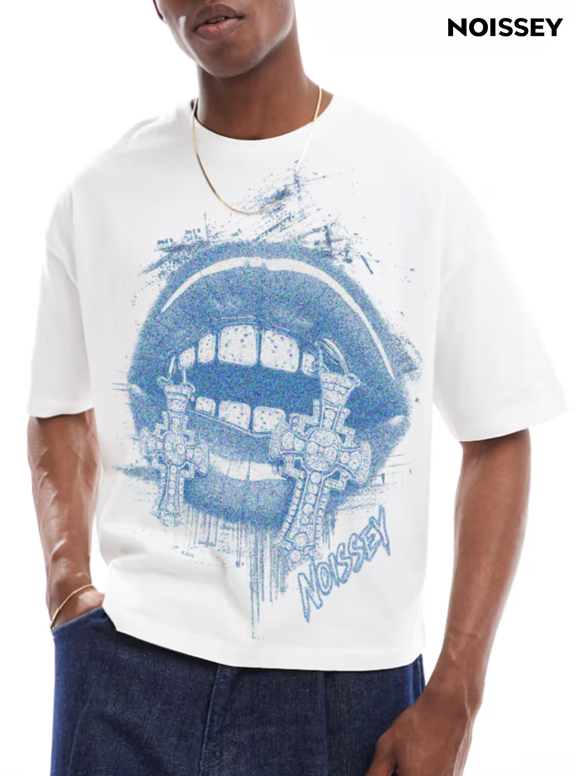 Boxy oversized T-shirt Blue Silhouette Cross Grills Print T-Shirt