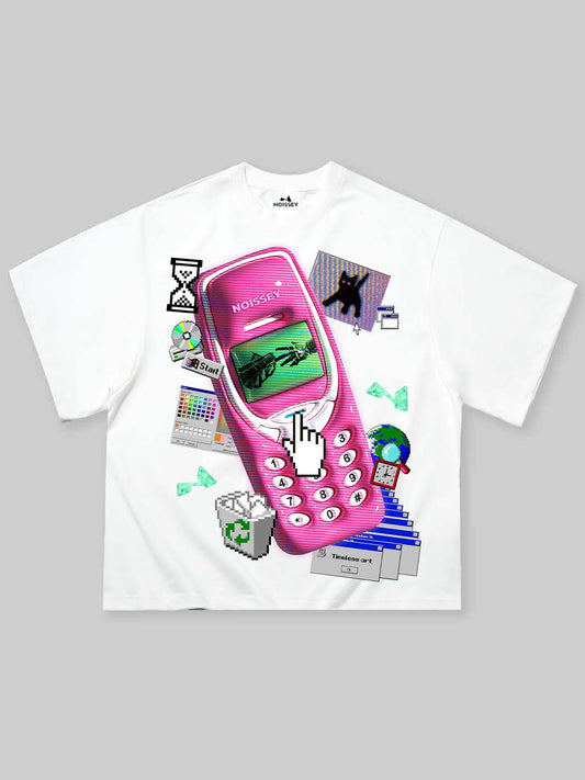 3D Pink Pager Retro Print Boxy Oversized T-shirt
