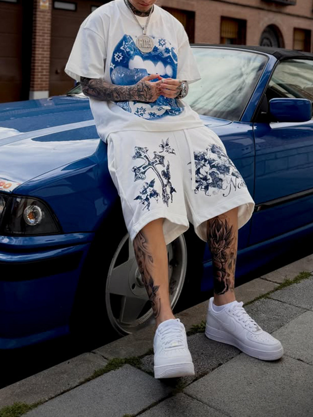 NOISSEY "Blue Angel" Cross & Cherub Graphic Heavyweight Slim-Fit Shorts - Pure White