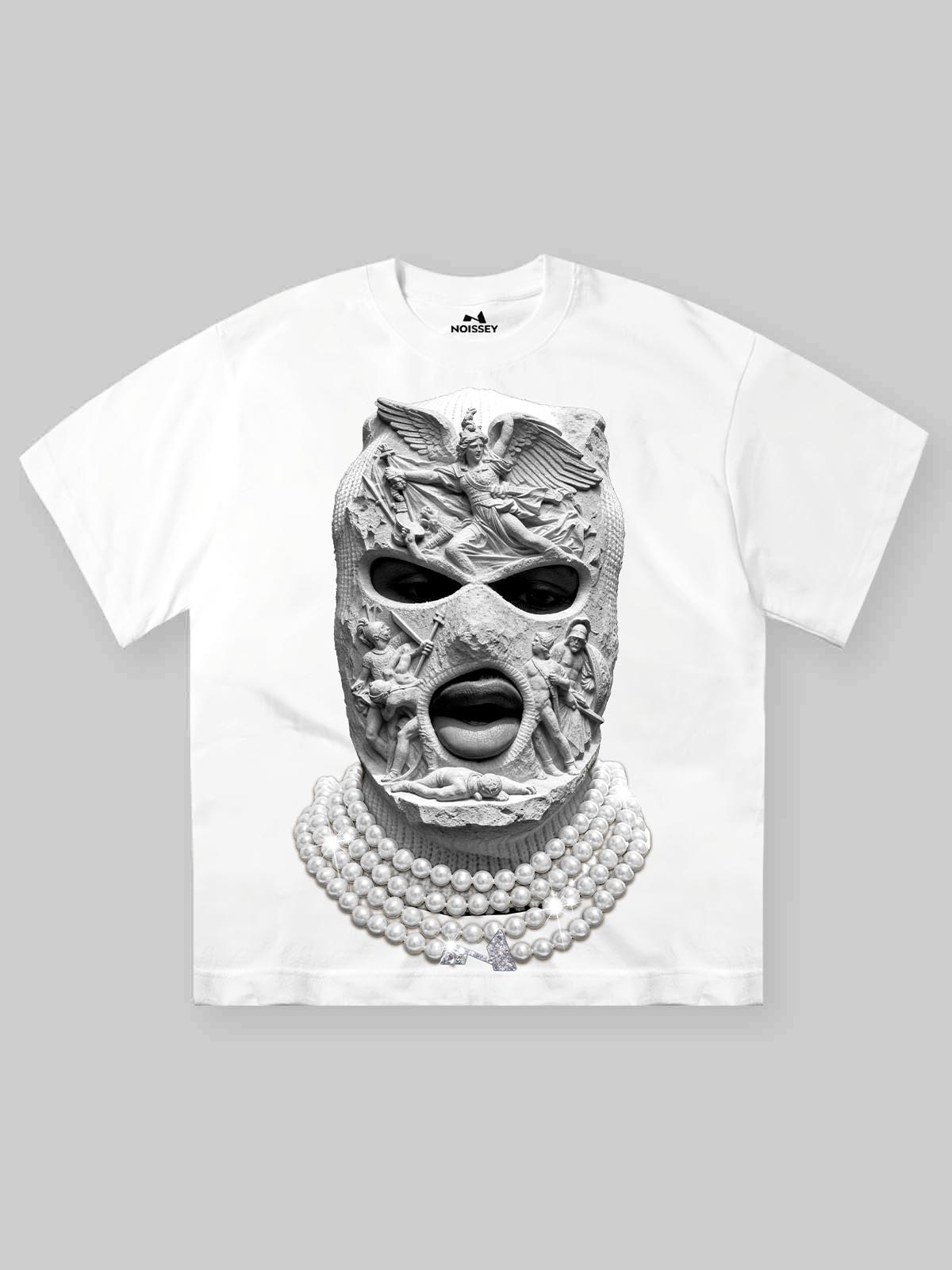 Black and White Pearl Embossed Balaclava White Printed T-shirt
