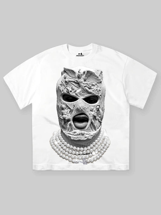 Black and White Pearl Embossed Balaclava White Printed T-shirt