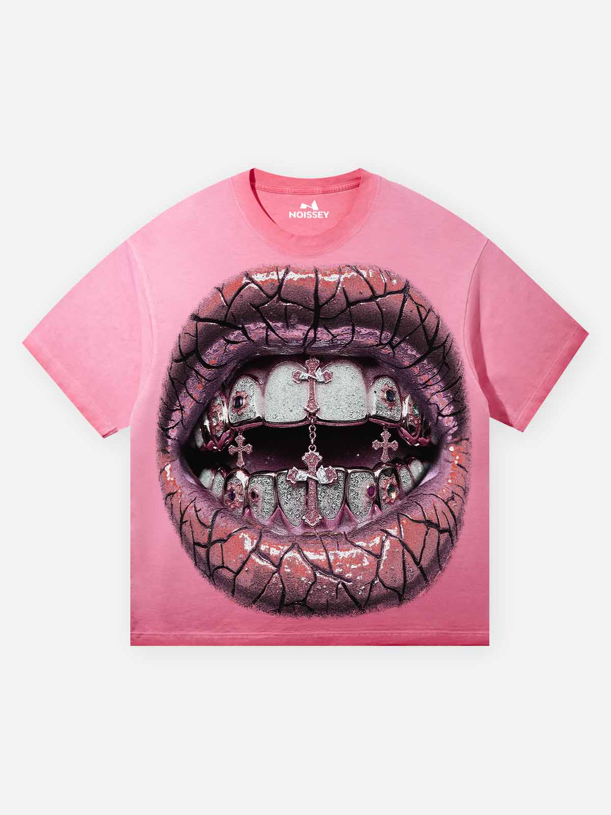 Pink Fluorescent Diamond Grills Washed Print T-Shirt