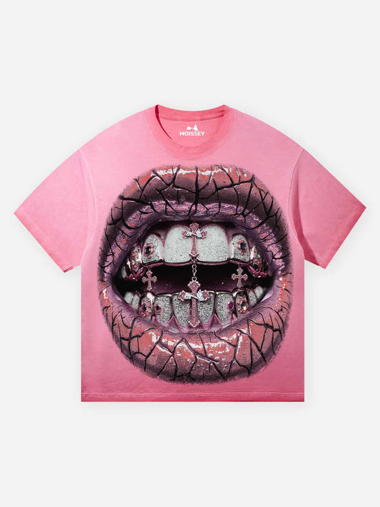 Pink Fluorescent Diamond Grills Washed Print T-Shirt