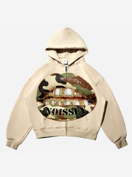 Camouflage Lips Gold Grills Shell-colored Warmth-keeping Hoodie