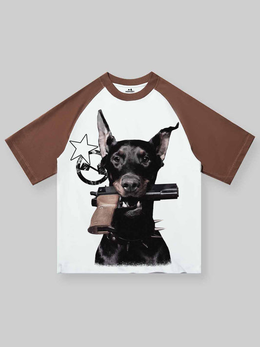 Doberman Pinscher and Its Toys Color-block Preppy Style Print T-shirt