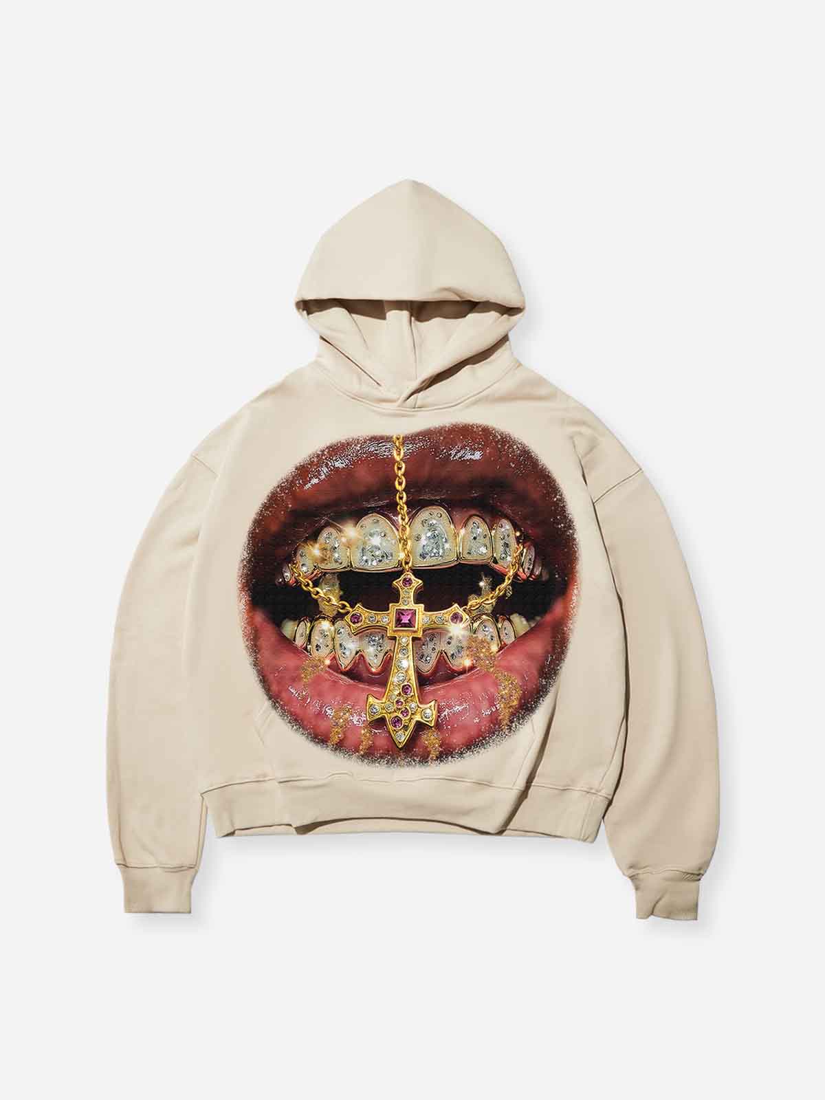 Golden Cross Diamond Patch Grills Print Sweat-Wicking Tech Fabric Hoodie