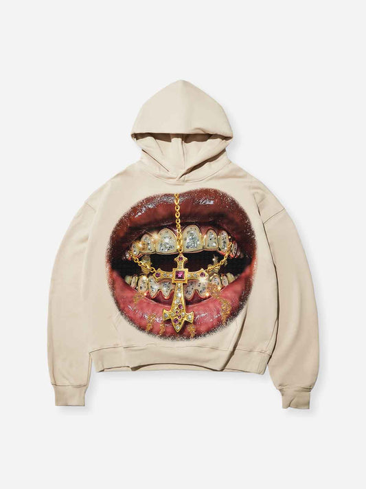 Golden Cross Diamond Patch Grills Print Sweat-Wicking Tech Fabric Hoodie