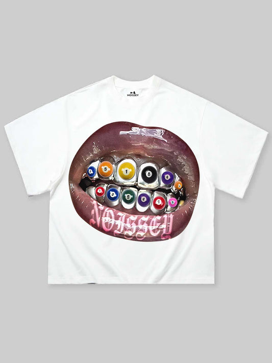 Boxy Oversized T-shirt with Billiard Grills Print