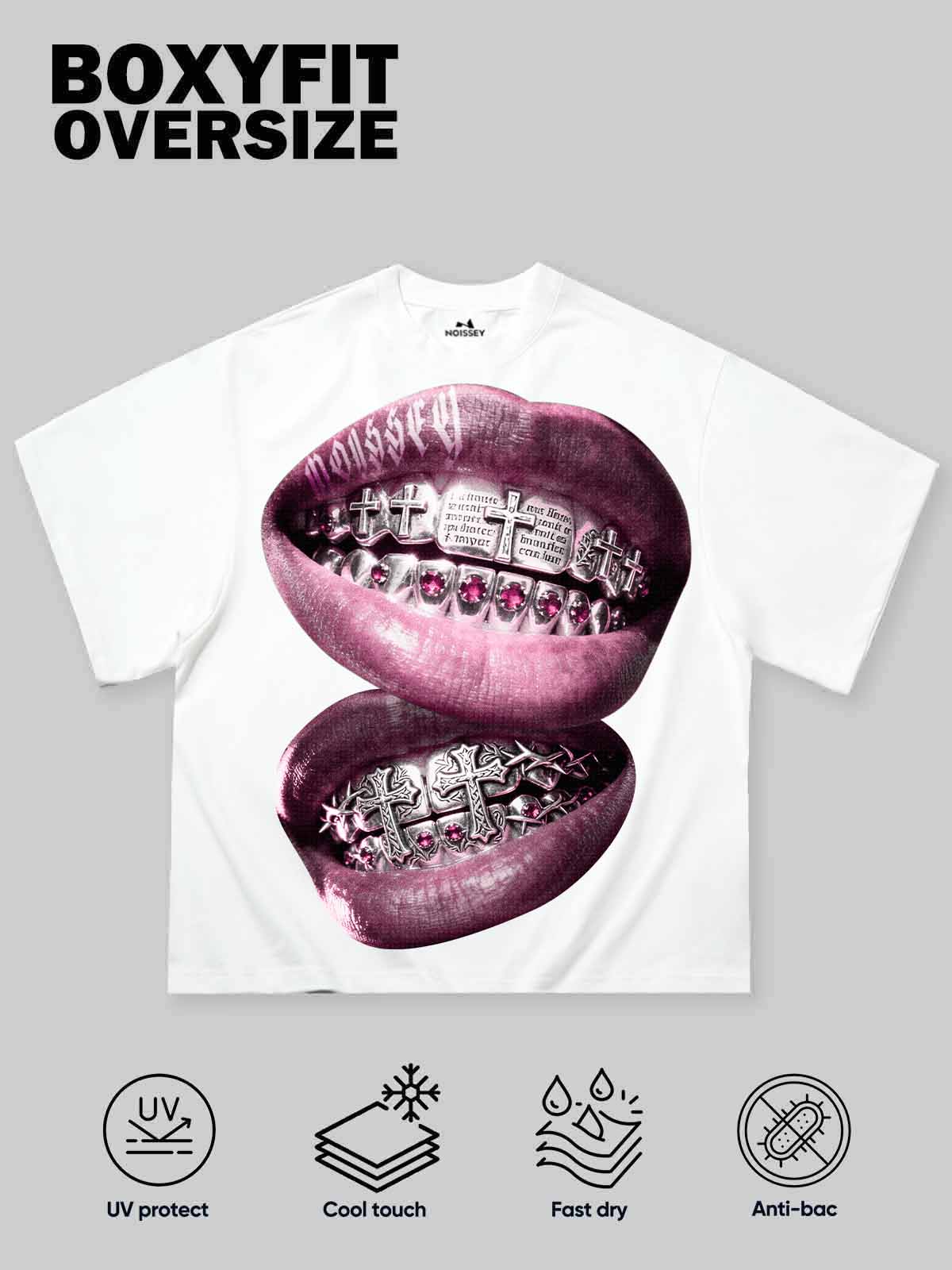 Metal Cross Diamond Grillz Print Boxy Oversized T-shirt