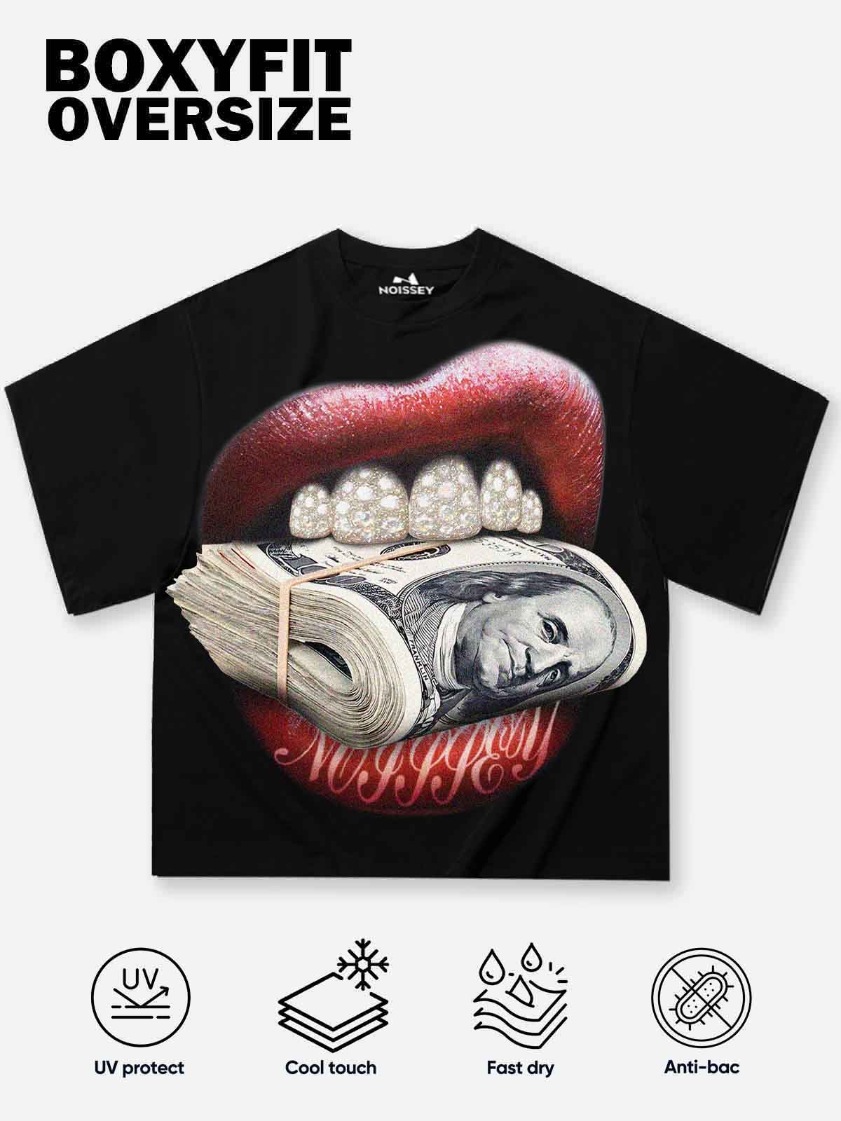 Money-Biting Lip Diamond Grills Boxy Oversized T-shirt