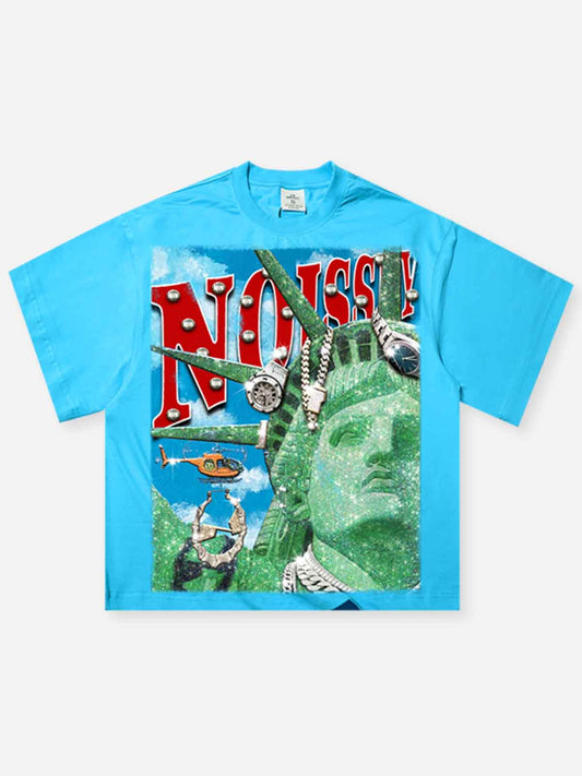 Boxy Oversized Blue T-shirt with Sparkling Statue of Liberty Print