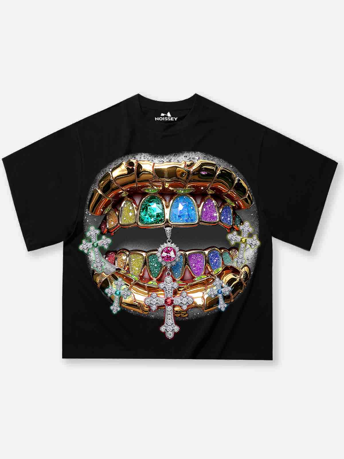 Boxy Oversized T-Shirt with Metal Colored Gem Grills Diamond Cross Print