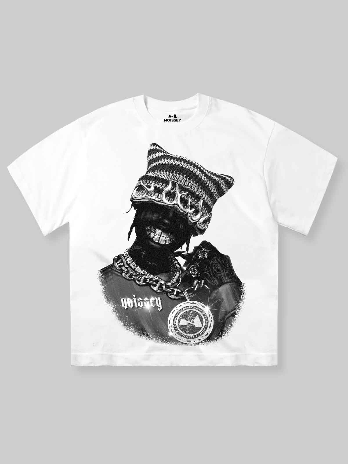 High quality Black-and-White Artistic Rapper Cat Hat Print 350g T-shirt