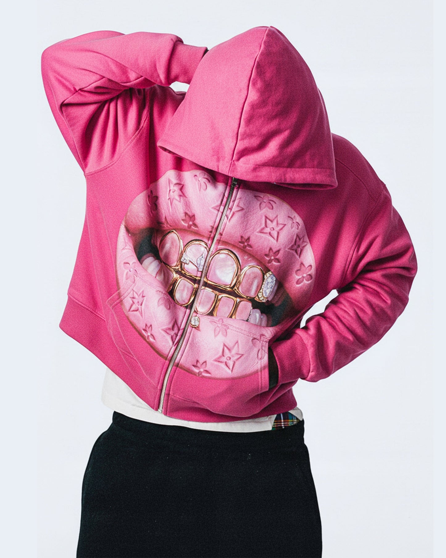 NOISSEY Pink "Leather Cat's Eye" Grillz Zip-Up print Hoodie