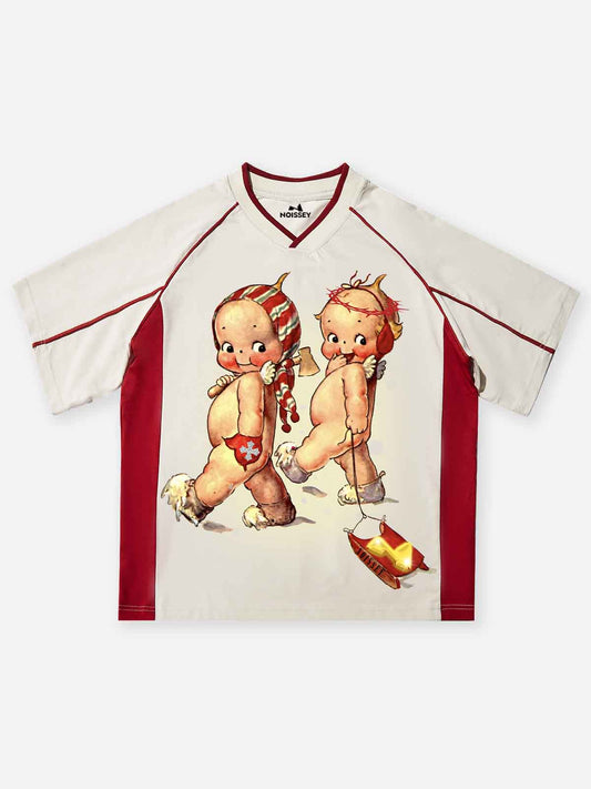 Cartoon Baby Red Striped Preppy Style Print T-shirt