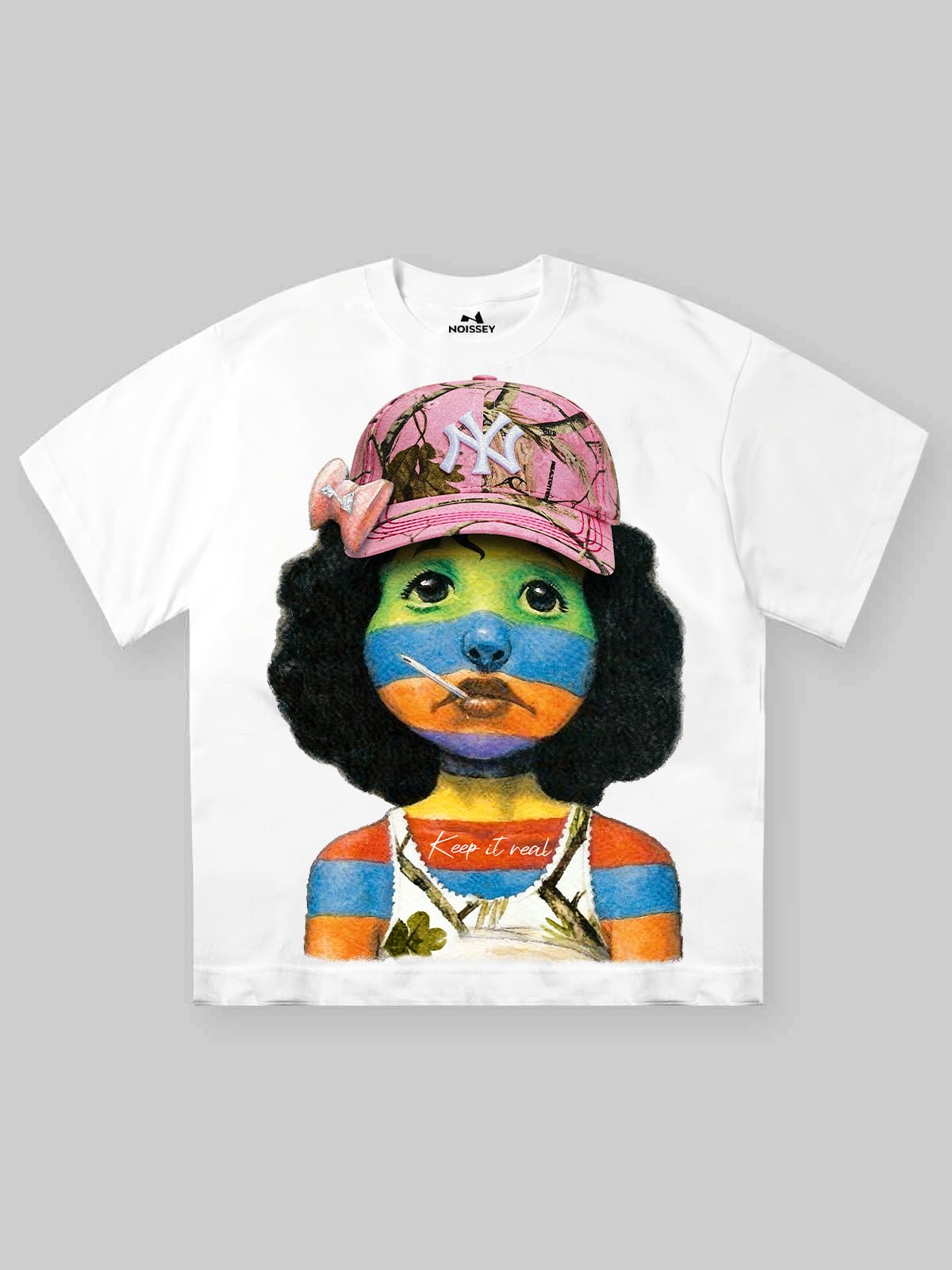 Art print T-shirt of a striped girl wearing a hat