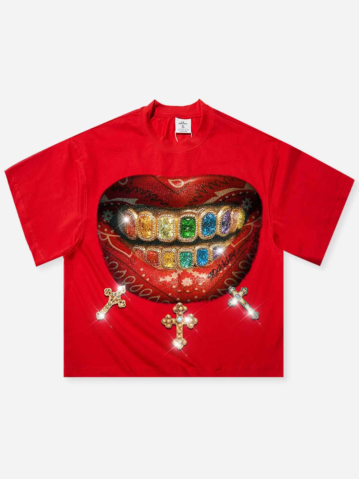 Colorful Diamond Paisley Lips Grills Boxy Oversized Red T-shirt