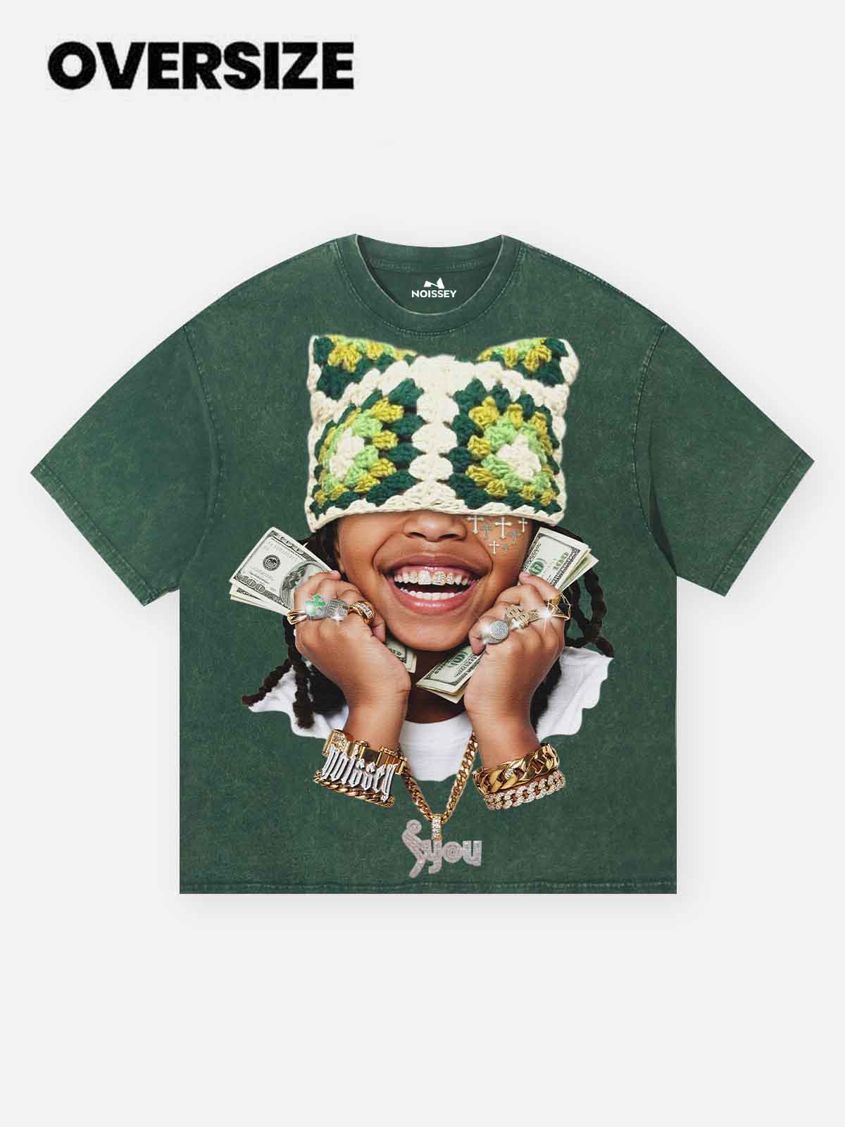Kids' Cat-Ear Knitted Hat Green Washed Print T-shirt