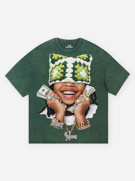 Kids' Cat-Ear Knitted Hat Green Washed Print T-shirt