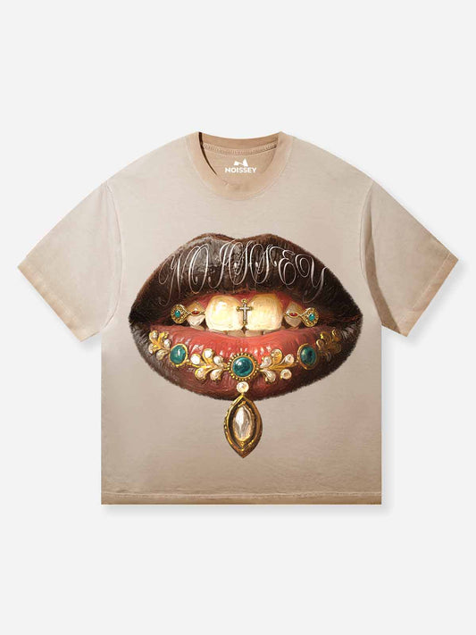 Medieval Painting-Style Grills Lip Art Distressed Print T-shirt