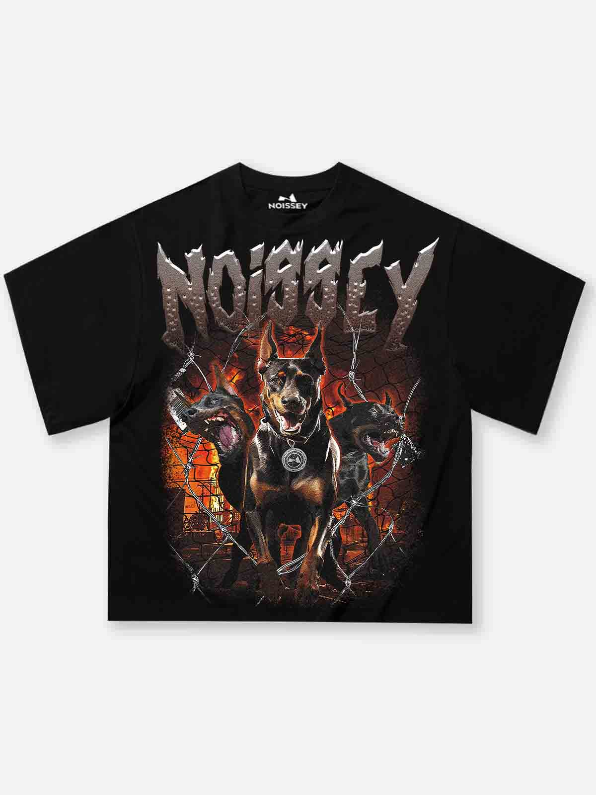 Boxy Oversized T-shirt "Three-Headed Doberman Breaking Through Barbed Wire"