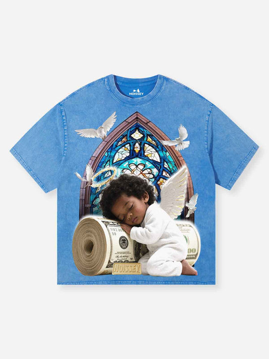 Little Angel Sleeping on Money Washed Print T-shirt