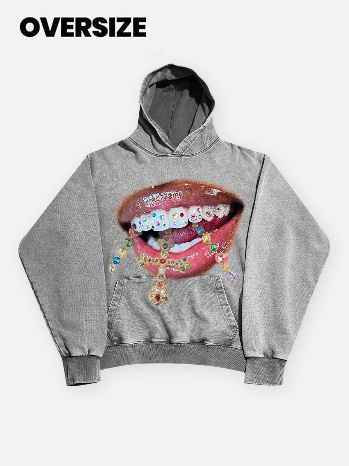 High quality Diamond Teeth Cross Print 425g Washed Hoodie