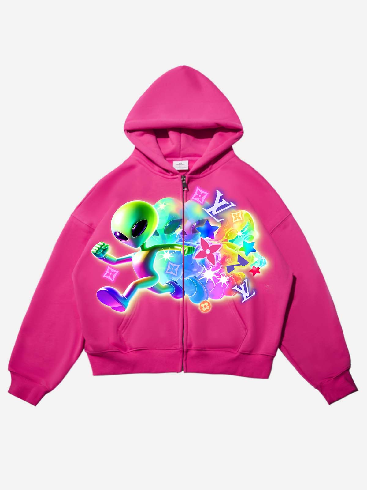 Running Rainbow-Colored Alien Pink Print Hoodie
