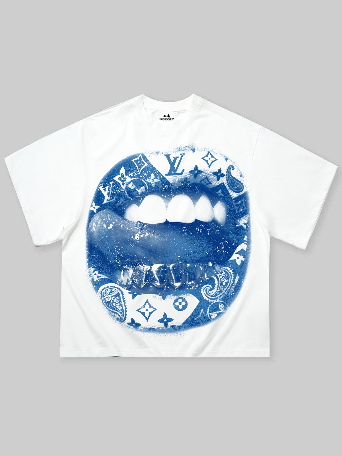 Blue Cyanotype Art Lip Print Boxy Oversized T-shirt