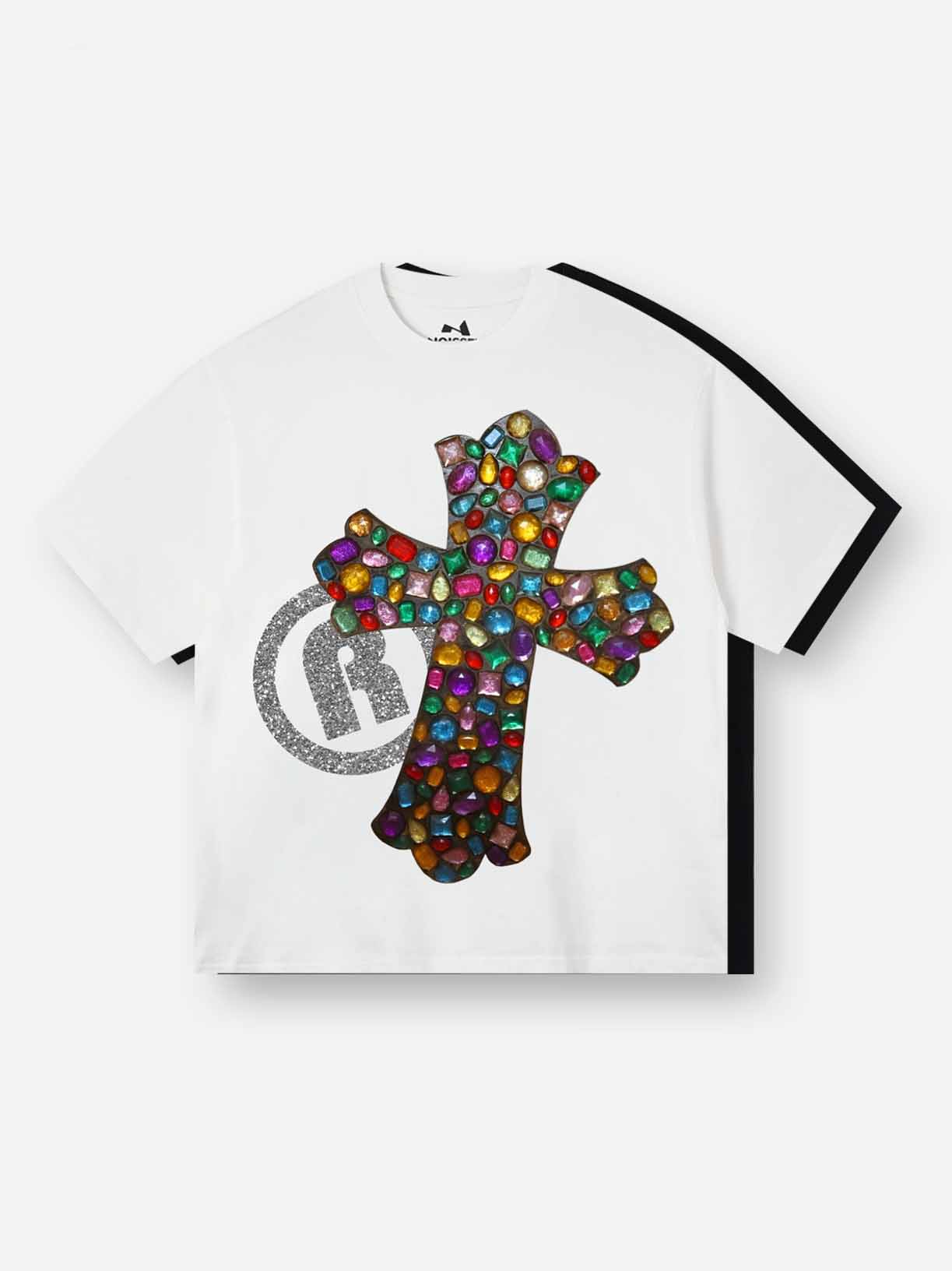 BOUNCE BACK© Gemstone cross shimmering text print T-shirt