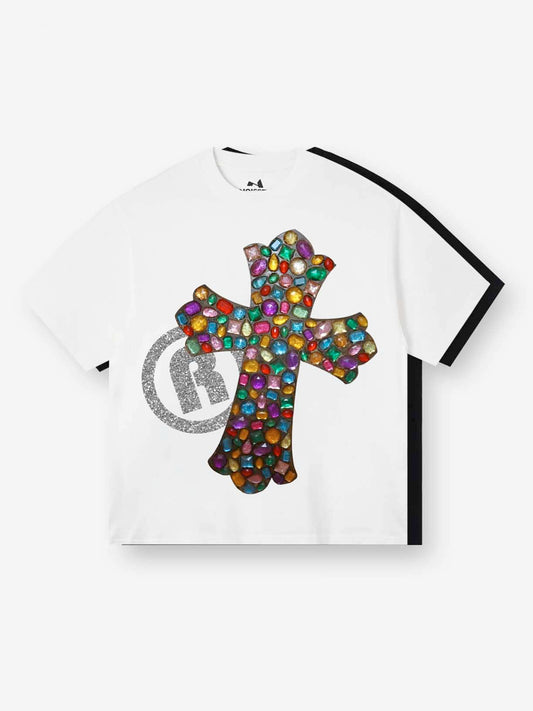 BOUNCE BACK© Gemstone cross shimmering text print T-shirt