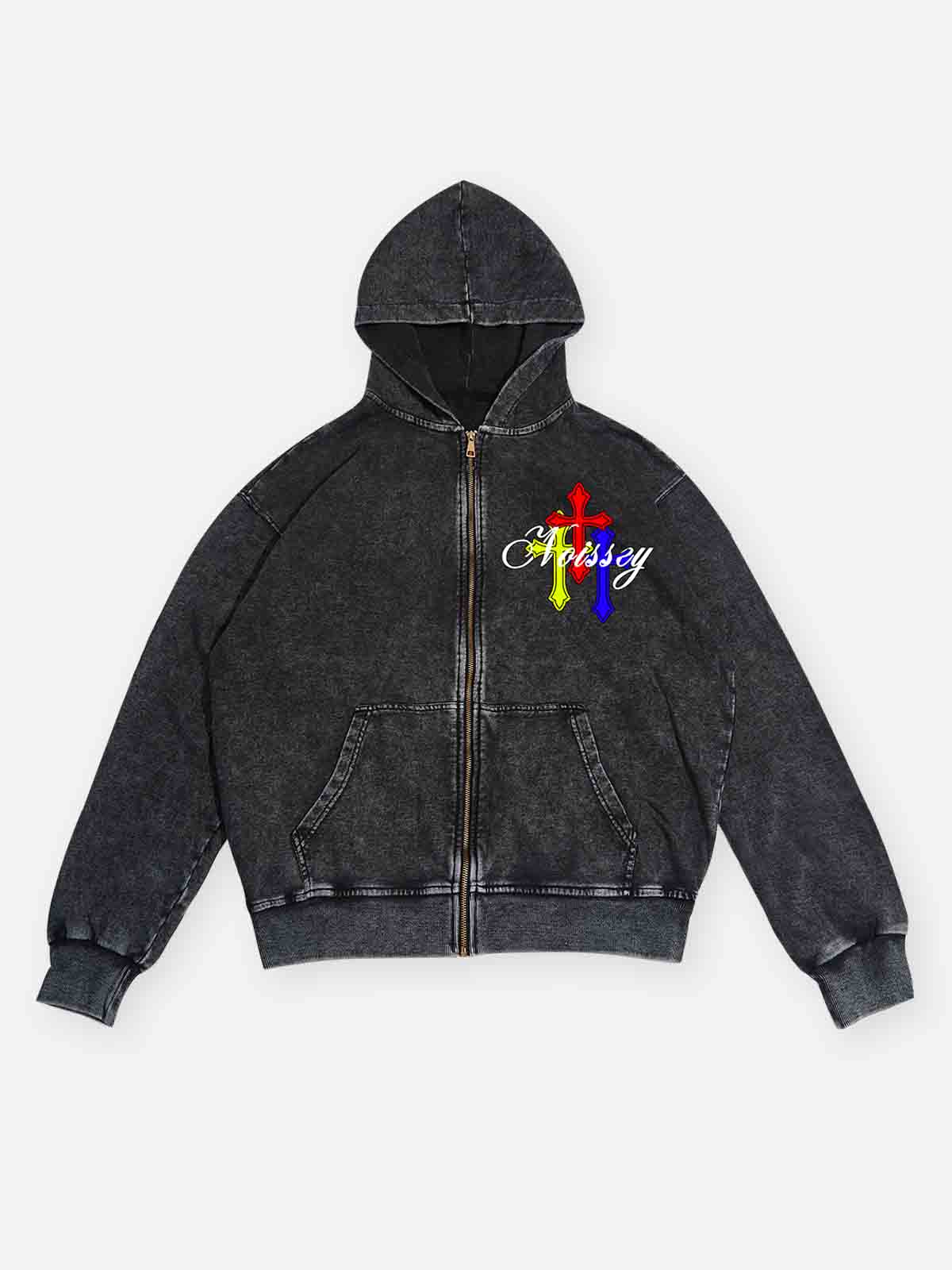 Noissey Colorful Cross Zip-Up Black Washed Hoodie