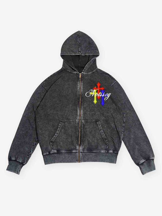 Noissey Colorful Cross Zip-Up Black Washed Hoodie