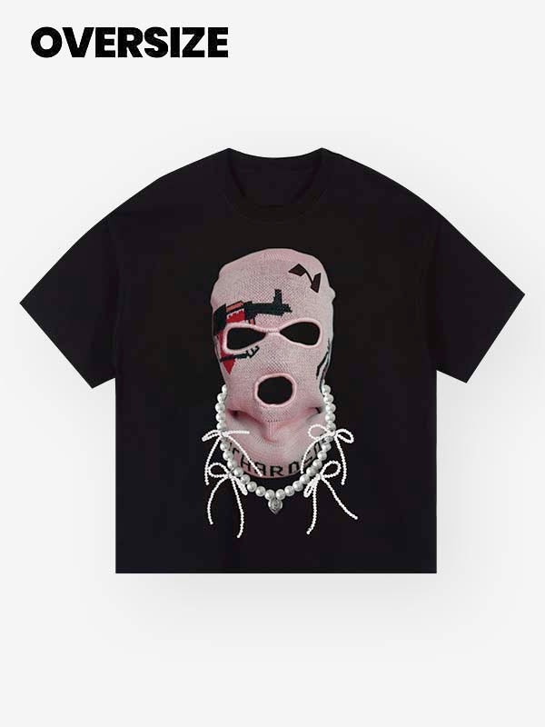 Black Pullover Mask with Pearl Bow Tie Print T-shirt