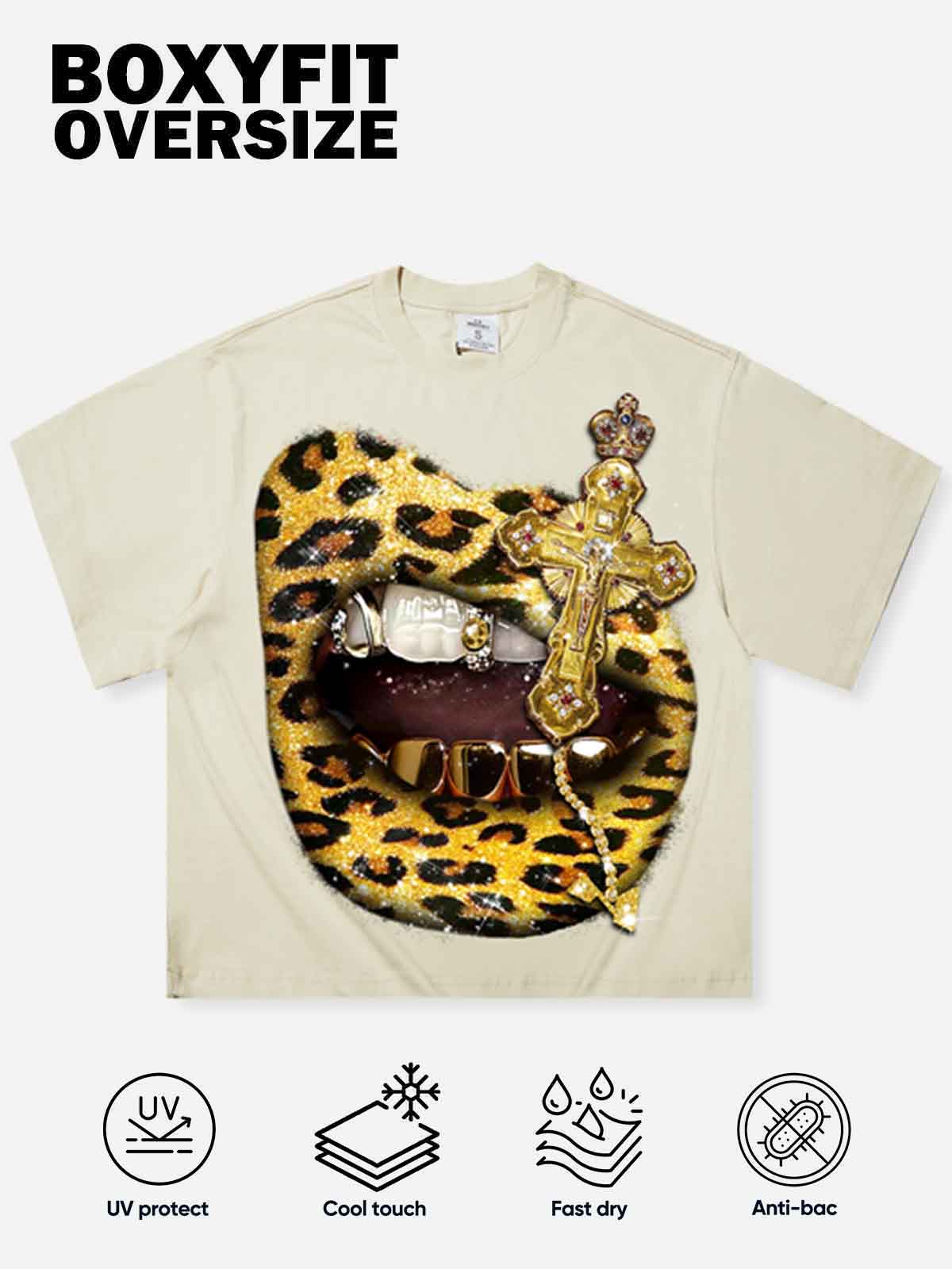 Boxy Oversized Beige T-shirt with Gold Glitter Leopard Lip Print