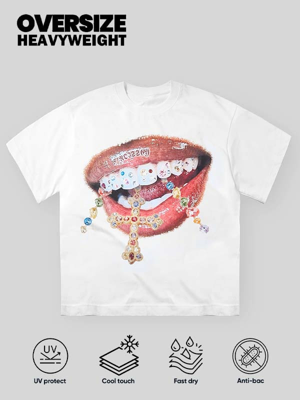 High-Quality Diamond Teeth Cross Print 350g T-Shirt