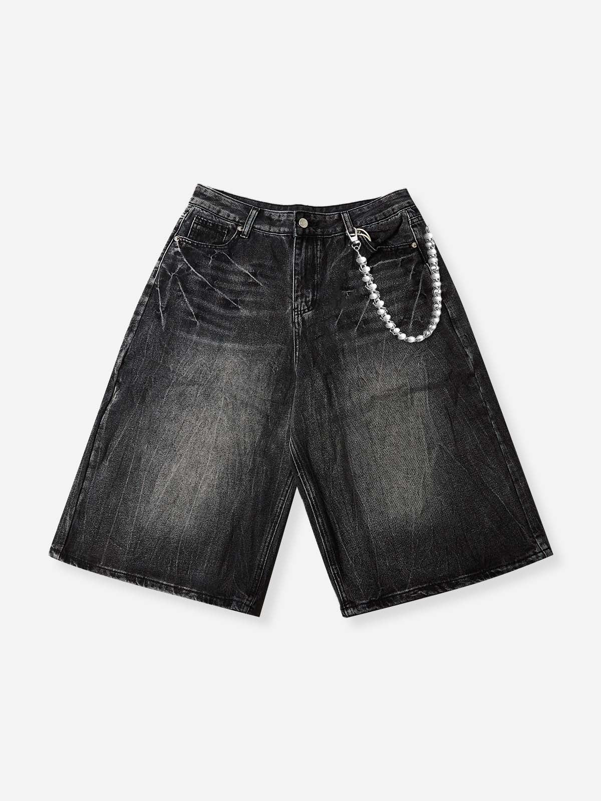 NOISSEY Vintage Distressed Denim Shorts with DIY Pearl Chain - Onyx Black & Heritage Blue